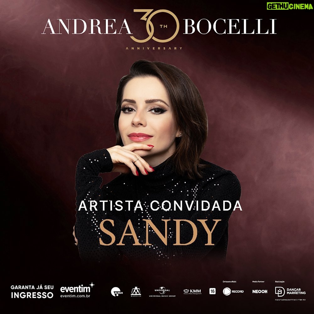 Sandy Instagram - ARTISTA CONVIDADA: SANDY ❤️ Temos a honra e o prazer de apresentar a convidada de Andrea Bocelli na turnê que celebra os 30 anos de carreira do tenor mais amado do mundo! Com sua voz doce e carisma, Sandy trará ainda mais brilho aos concertos que acontecem em maio em Belo Horizonte, Brasília e São Paulo. Garanta seus ingressos em @eventimbrasil Realização: Dançar Marketing #AndreaBocelli #BocelliBrasil2024 #dmkt #DancarMarketing