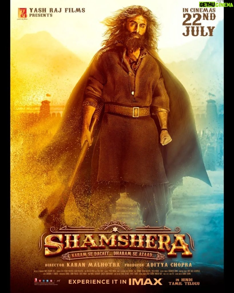 Sanjay Dutt Instagram - Shamshera – the legend. Watch #ShamsheraTrailer tomorrow! Celebrate #Shamshera with #YRF50 only at a theatre near you. #RanbirKapoor | @_vaanikapoor_ | @karanmalhotra21 | @yrf | #Shamshera22ndJuly