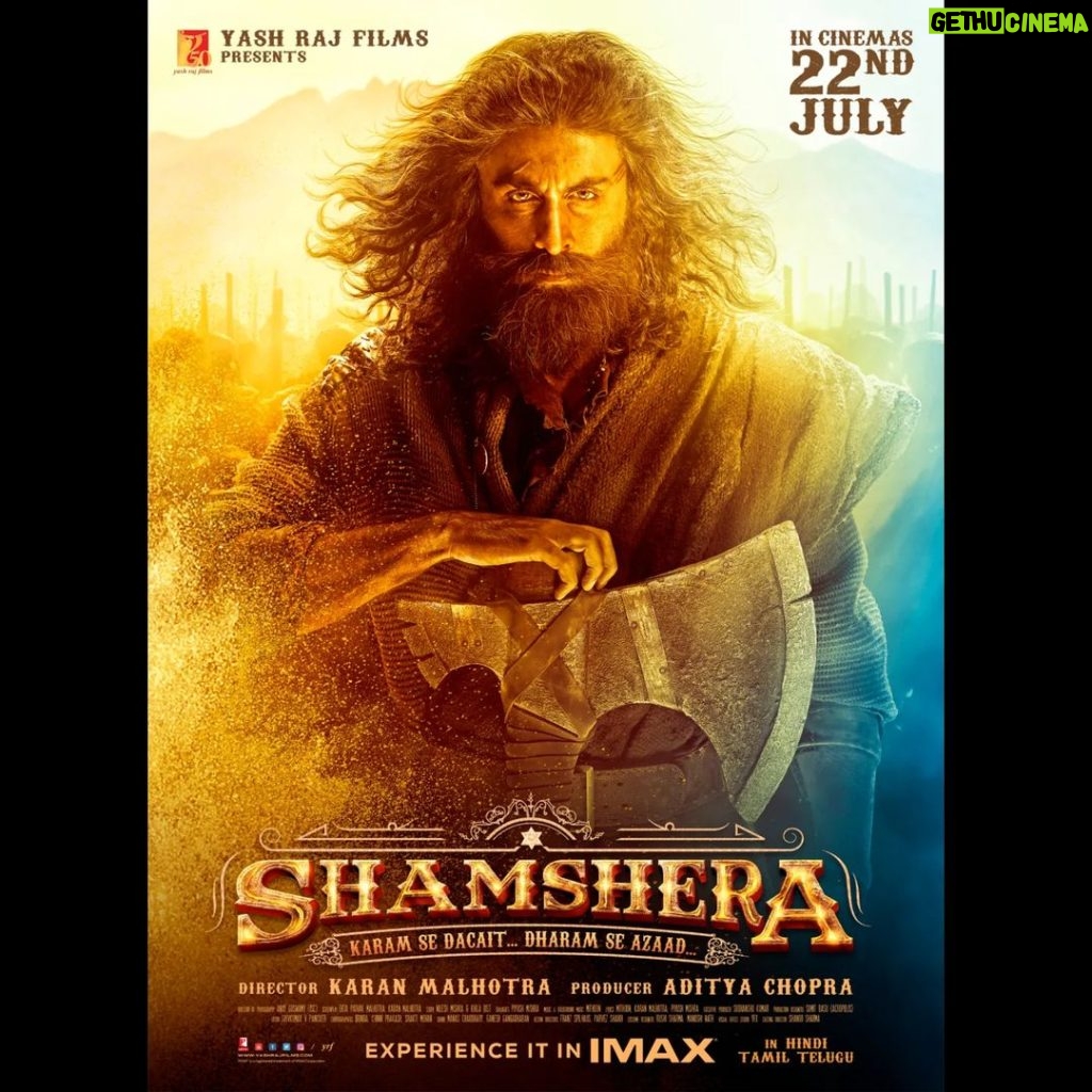 Sanjay Dutt Instagram - The legend of Shamshera is coming to your big screens on 22nd July! Experience it in @imax in Hindi, Tamil & Telugu. Celebrate #Shamshera with #YRF50 only at a theatre near you on 22nd July. #RanbirKapoor | @_vaanikapoor_ | @karanmalhotra21 | @yrf | #Shamshera22ndJuly