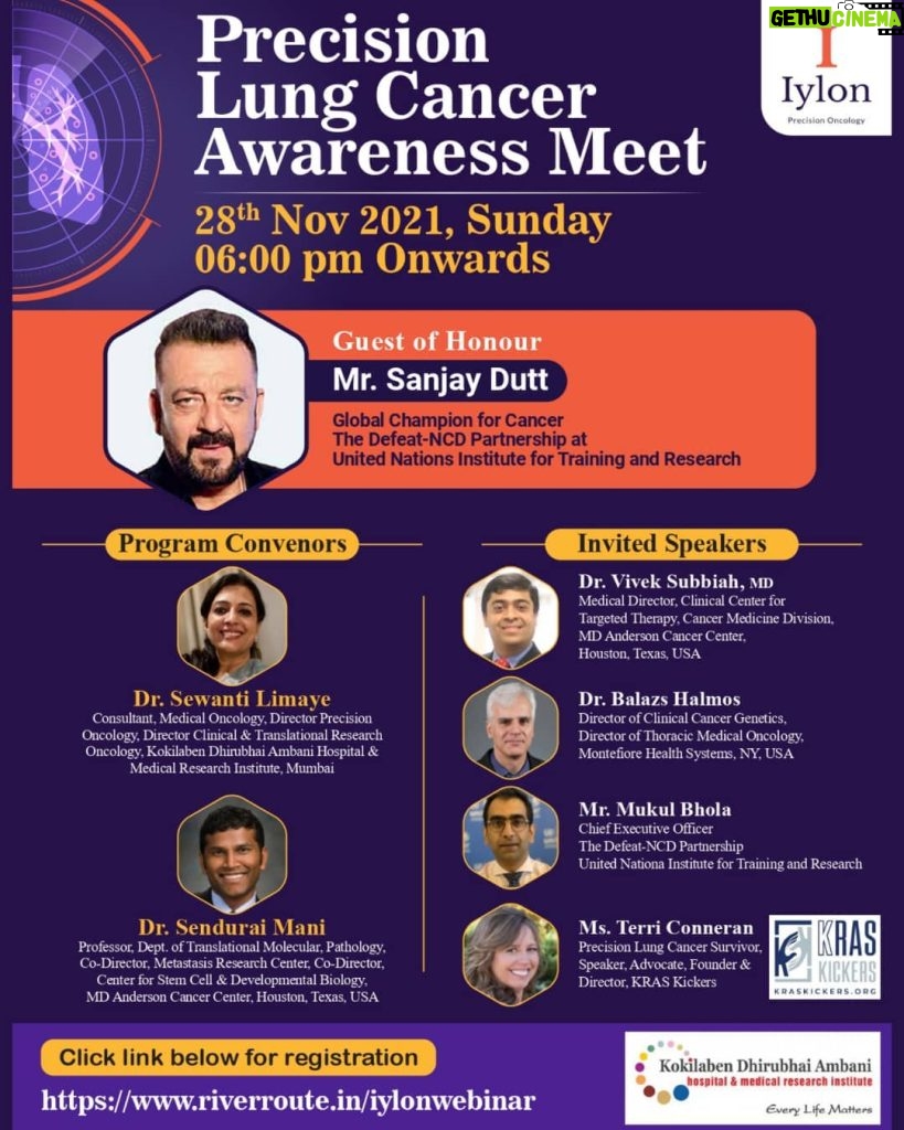 Sanjay Dutt Instagram - It always feels great to work towards something good, to support a good cause. I'm so honoured to be a part of the @iylon_precision_oncology Precision Lung Cancer Awareness Meet and to help others on this journey. Join us for the webinar on 28th November.