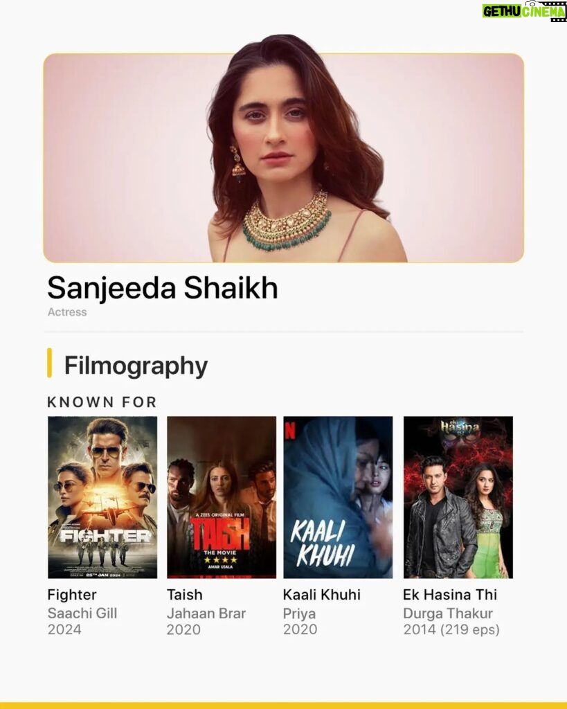Sanjeeda Sheikh Instagram - With the first look of Heeramandi: The Diamond Bazaar out, let's discover more of @iamsanjeeda's movies and TV shows that you can add to your watchlist 🍿💛 🎬: Fighter | In Theatres Taish | Zee5 Kaali Khuhi | Netflix Ek Hasina Thi | Disney+ Hotstar