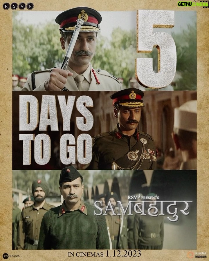 Sanya Malhotra Instagram - Get ready to witness the journey of a man who lived 40 years in uniform with utmost pride & honour. Only 5 days to go! Advance Booking Now Open! Link in bio. #Samबहादुर in cinemas 1.12.2023 #SamIsHere #SamBahadur @meghnagulzar @vickykaushal09 @fatimasanashaikh @ronnie.screwvala @mohdzeeshanayyub @neerajkabi @realgovindnamdev @aanjjan.srivastav @bhavani.iyer @ishantanus @rsvpmovies @maharrshshah @zeemusiccompany