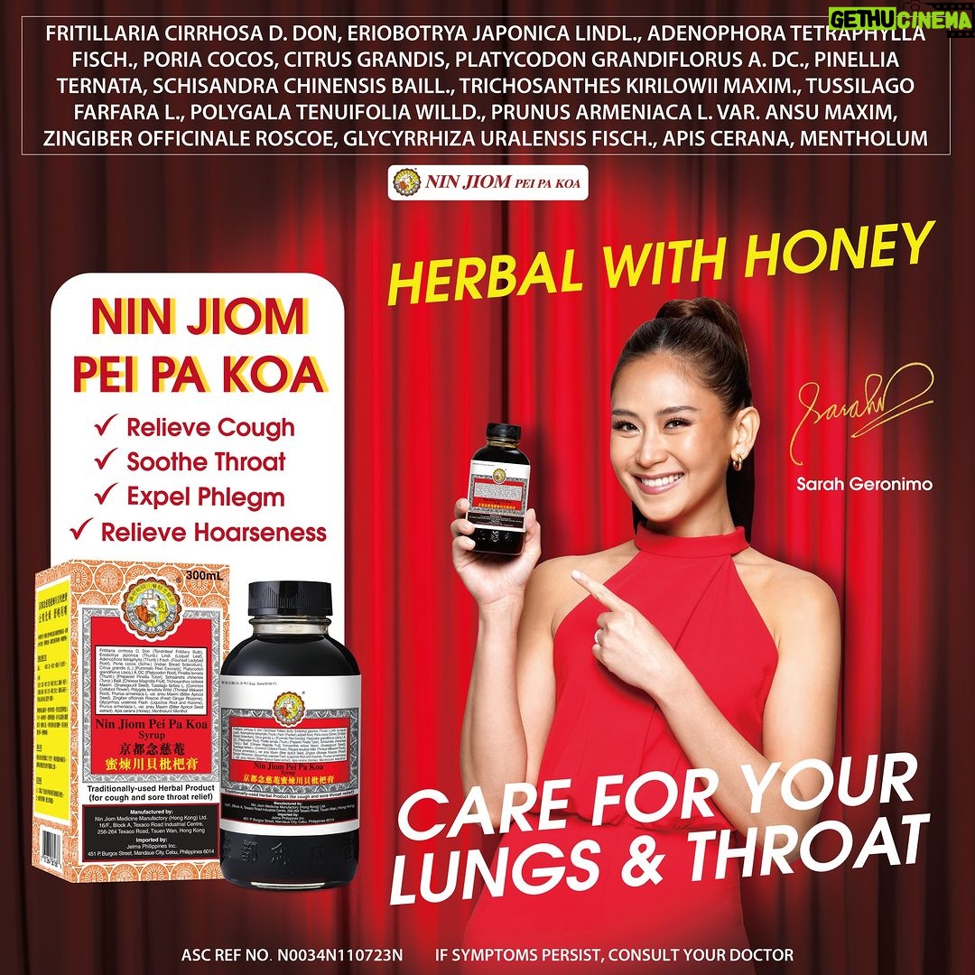 Sarah Geronimo Instagram - Nin Jiom Pei Pa Koa ang kasa kasama ko sa 'king pagkanta magmula pa nung bata ako sa tuwing ako ay kumakanta at nagbabahagi ng aking damdamin sa inyong lahat. 🎶 Damahin ang nakapapawing dulot ng Nin Jiom Pei Pa Koa gamit ang 16 herbal ingredients at pulot, magpaalam sa ubo at sakit sa lalamunan! 4 in 1 functions: ✅Relieve Cough ✅Soothe Throat ✅Expel Phlegm ✅Relieve Hoarseness Discover the harmony of wellness with me and Nin Jiom Pei Pa Koa 🌿🎵 Join us on this musical journey towards a healthier you! 🎤 Available sa mga leading drugstores at E-Commerce nationwide! Go to Nin Jiom Philippines for more information! #NinJiomPeiPaKoa #PeiPaKoa #NinJiomPH #Herbal #Honey #RelieveCough #SootheThroat #ExpelPhlegm #RelieveHoarseness @ninjiom.philippines