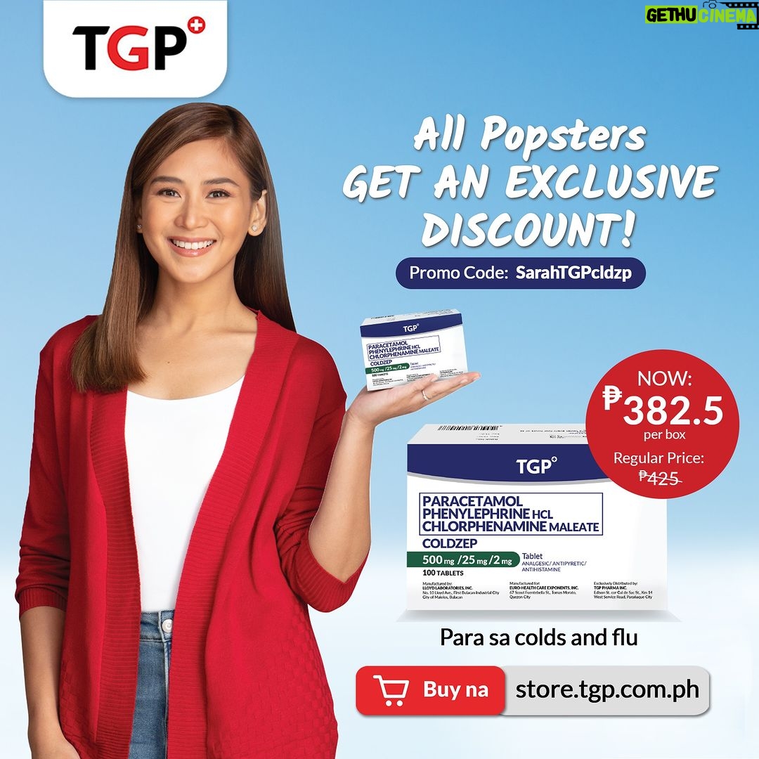 Sarah Geronimo Instagram - Healthy day, mga Kaibigan! Ngayong tag-ulan, uso ang lagnat, ubo't sipon. Kahit lagnat season, tiwala kang may gagabay tulad ng TGP Coldzep. Presyong kaibigan, tapat, at maaasahan kaya't enjoy mo ang bawat araw na walang hassle. 👉https: https://bit.ly/SarahTGPcldzp Meron pang discount para sa minamahal kong Popsters, just use the promo code: SarahTGPcldzp sa TGP Online Store. 'Di na mahihirapan, dahil may #TGP #KaibiganSaKalusugan Have a healthy day palagi! *Promo valid until July 31 only.