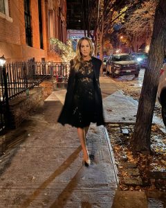 Sarah Jessica Parker Instagram - December 1st - ‘tis the season. @sjpcollection brand new silhouette, we call her OATH and she's the perfect +1 for the holidays. Last night she proved so when I snuck her out. Just days away from launching. Join our waitlist on sjpbysarahjessicaparker.com. Linked in stories! I took an OATH or a pair. She took a bow/bow. (Get it?) X, SJ