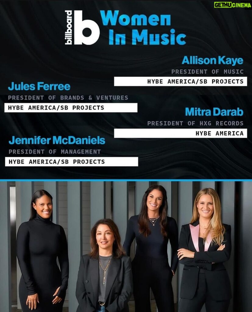 Scooter Braun Instagram - Congratulations to these 4 incredible women for representing our company on this amazing list. For over a decade powerful brilliant women have led our company and to see these 4 honored by @billboard is spot on. Congratulations @allisonjamiekaye @jenmcdaniels @mitrasd @julesferree #hybe