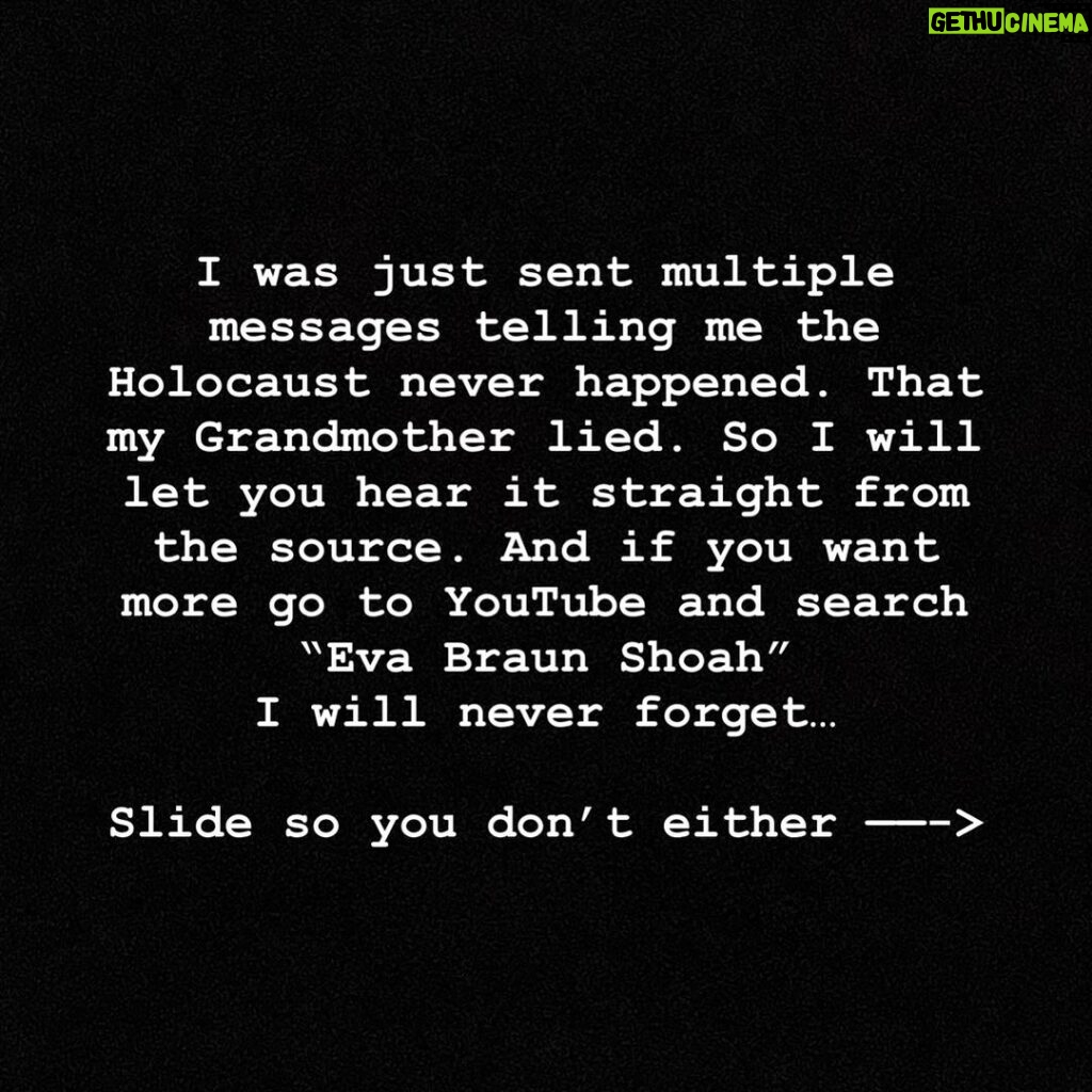 Scooter Braun Instagram - Tonight I was about to go to bed, and I received some messages telling me that the Holocaust never happened, and that my grandmother‘s story was a lie. You see this past weekend was Holocaust Remembrance Day and I put up an interview I did with @ifyouheardwhatiheard telling my Ma’s story. To receive such messages in response doesn’t scare me. It just lets me know that I need to keep speaking. I need to keep sharing who this amazing woman was. I need to share the pain that she went through at just 14 years old in Auschwitz but as you can see in the final slide…the warm human being she still remained just 8 years ago when we lost her. For my friends I grew up with when you watch this you will know why I could never have a dog around Ma as a kid. If you are brave enough to listen to her entire story directly from her, go to YouTube and search “Eva Braun Shoah.” I am forever proud to be her and Joseph’s grandson. I will never forget. And now you won’t either. Goodnight.