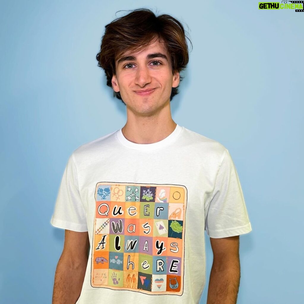 Sebastian Croft Instagram - Alice Oseman (aka creator of heartstopper + all round icon) has designed this limited edition t-shirt for @queerwasalwayshere and you can buy it right now! Alice’s art style exudes queer joy and we are SO excited that she has done this for us. The design is a sort of pride quilt, with each square containing a little bit of queer pride and history. As always 100% of the profits will go to helping queer refugees around the world with the help of our friends at @chooselove So if you want an adorable, high quality, super comfy t-shirt that all raises money for an incredible cause… it’s only available until the 21st of December. LINK IN BIO ✨🏳️‍🌈🥳🏳️‍⚧️💓💫🍂💞🥰