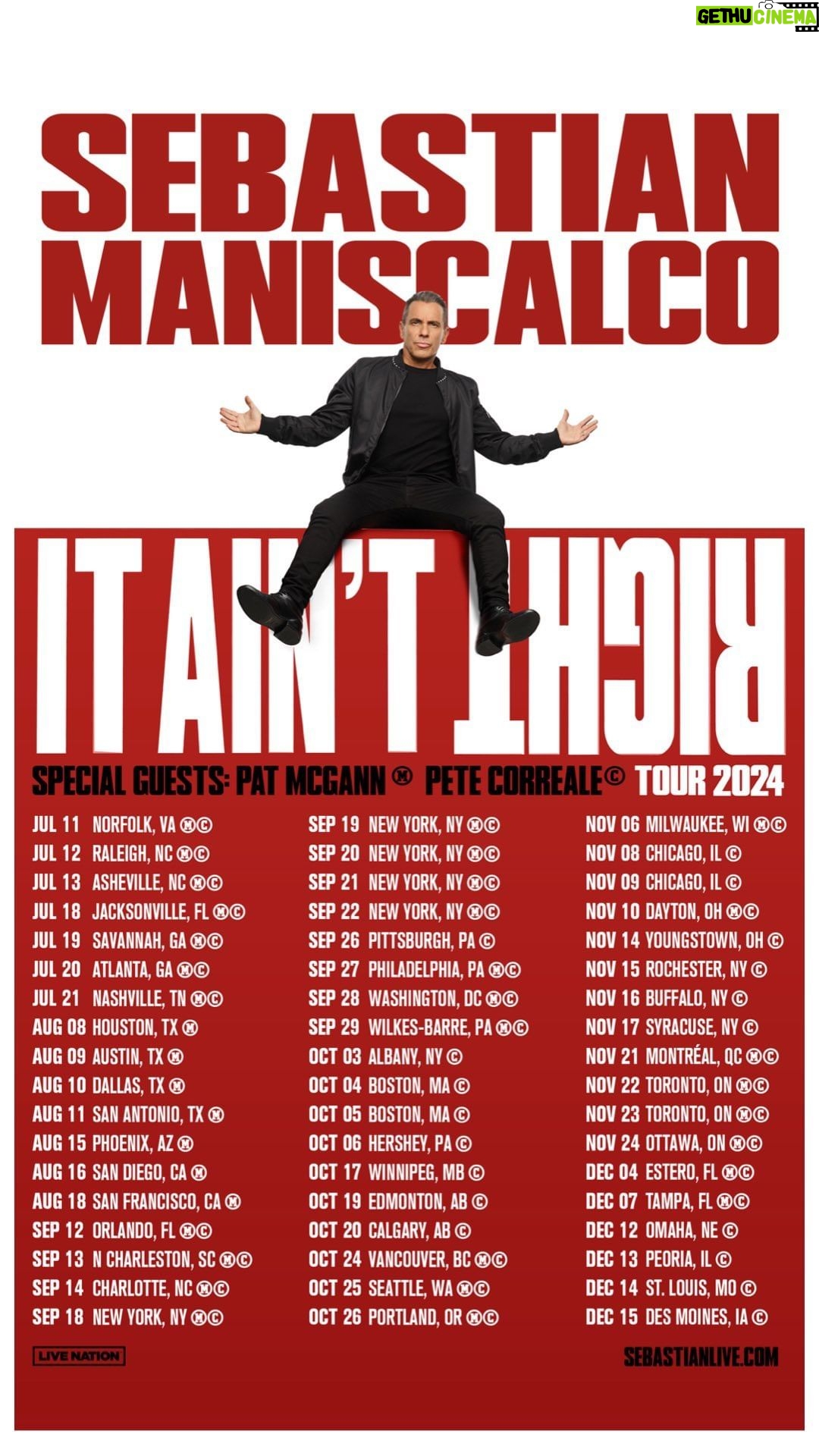 Sebastian Maniscalco Instagram - YOU’VE BEEN ASKING FOR IT! @mcgann_pat and @petecorreale are joining me on the It Ain’t Right Tour! Don’t miss out. Tour starts July 11th and runs through December 15th. Tickets are available now at SebastianLive.com. Check out the tour dates to see when myself, Pete, and Pat will be in your town. #ItAintRight