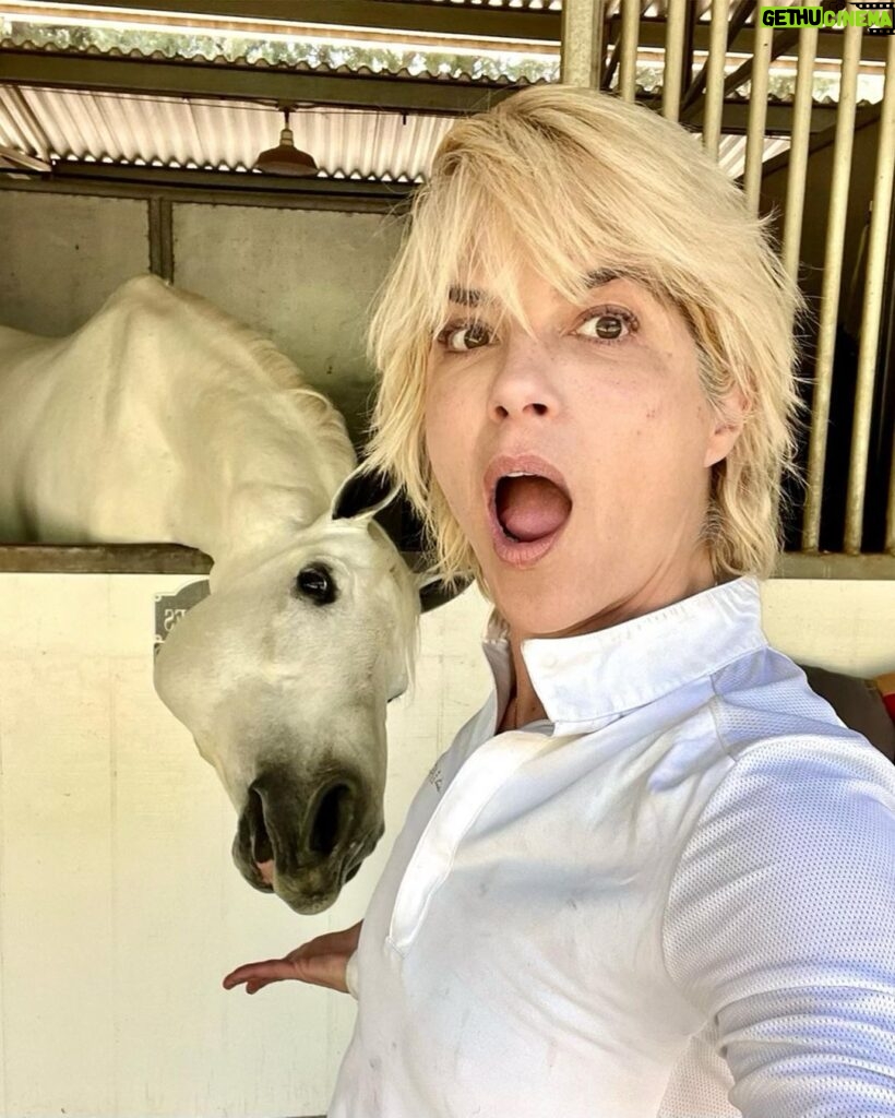 Selma Blair Instagram - This is my social life and it’s pretty grand. Mr Nibbles gives me all the emotions. 🎭 It’s getting hot out here, drink your water 💁🏼💦 Image Descriptions: Image 1: Selma has short blonde hair and wears a white long sleeve shirt. She is smiling and standing next to her white horse. Image 2: Selma wears a white long sleeve, tan pants, boots, and a helmet and is sitting outside. Video: Video of Selma riding her horse Image 3: Selma poses with her horse Image 4: Close up image of Selma in her riding gear. Image 5: Selma poses with her horse.
