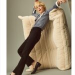 Selma Blair Instagram - Felicitations! @lalignenyc 💋 I could not be prouder to be here in your denim La launch 🚀. Sometimes you get a perfect day. A perfect group. A perfect fit 💛. La Ligne is something I truly live in and love. And now to have denim…👌 Brava ladies! I love you. Image Descriptions: Image one: Selma has short blonde hair and wears black jeans, black heels, and a brown long sleeve top. Image two: Black and white image of Selma posing with her cane. She wears jeans, heels, and a button down top Image three: Selma wears a button down, black jeans and loafers. She is leaning on a couch that is laying on its side. Image four: Black and white image of Selma laying on a couch. Image five: Selma wears a blue and red striped sweater and loose blue jeans. She is standing with one hand on her face. Image six: Black and white image of Selma. She is wearing a striped shirt and is standing next to a stool with one foot on it. Selma holds a hat in her hand. Image seven: Selma wears a La Ligne graphic T-shirt and jeans. She is shown buttoning up the jeans.
