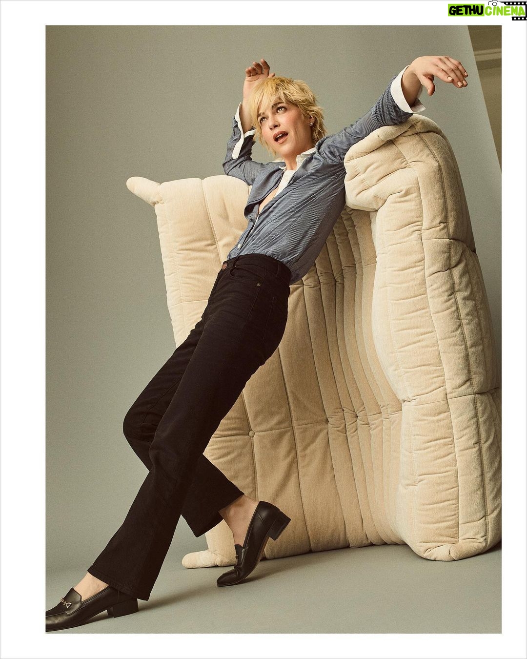 Selma Blair Instagram - Felicitations! @lalignenyc π I could not be prouder to be here in your denim La launch π. Sometimes you get a perfect day. A perfect group. A perfect fit π. La Ligne is something I truly live in and love. And now to have denimβ¦π Brava ladies! I love you. Image Descriptions: Image one: Selma has short blonde hair and wears black jeans, black heels, and a brown long sleeve top. Image two: Black and white image of Selma posing with her cane. She wears jeans, heels, and a button down top Image three: Selma wears a button down, black jeans and loafers. She is leaning on a couch that is laying on its side. Image four: Black and white image of Selma laying on a couch. Image five: Selma wears a blue and red striped sweater and loose blue jeans. She is standing with one hand on her face. Image six: Black and white image of Selma. She is wearing a striped shirt and is standing next to a stool with one foot on it. Selma holds a hat in her hand. Image seven: Selma wears a La Ligne graphic T-shirt and jeans. She is shown buttoning up the jeans.