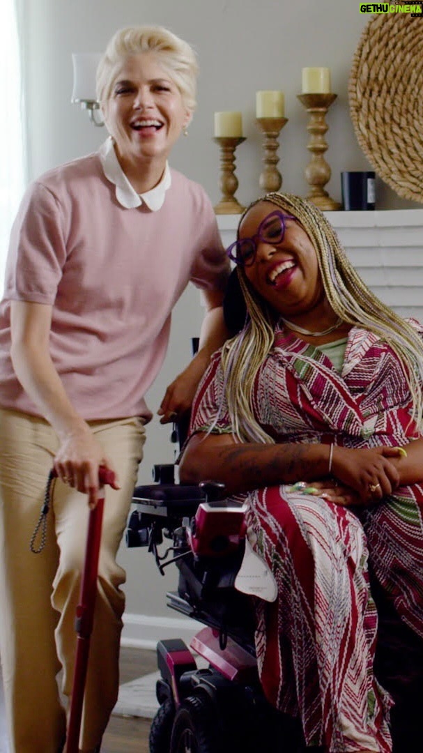 Selma Blair Instagram - #GooglePartner Everyone deserves to be represented without bias. Let’s all commit to helping change the creative industry to be more inclusive. Disability will affect everyone at some point in their life. You can learn more at google.com/all-in Video description: An interview-style discussion between Selma Blair and Andraéa LaVant. Selma, wearing a light pink shirt with a white collar and khaki pants opens up the video by walking with her cane over to Andraéa, who is using a wheelchair, wearing purple glasses and a pink/red multi colored romper. Both smile at each other and google.com/all-in appears on the screen. Throughout the video, Selma holds up her book, Mean Baby, points to the “Large Print” label on the cover, scrolls through google.com/all-in on her smartphone and “get practical tools for disability inclusion at google.com/all-in” along with the Google logo appear at the end.