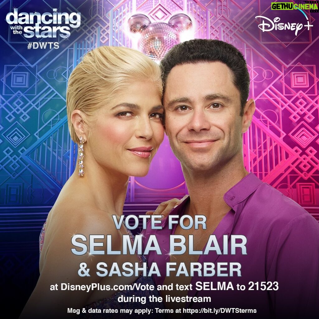 Selma Blair Instagram - @dancingwiththestars premieres tomorrow night LIVE at 8ET / 5PT on @disneyplus!! 💜 @sashafarber1 and I can’t wait ✨ #teamunderdogs Image one: Selma has short blonde hair and is wearing a low v cut black sparkly dress with thin straps. She has black dangling earrings on, red lipstick, and is looking to the side. Image two: Selma and Sasha stand together on the red carpet, each holding a mirror ball. Selma is wearing a long black sequin dress with a low back. Sasha is wearing an all black suit. Image three: Selma’s dog, Scout is laying on the end of the red carpet. Image four: A voting graphic featuring a close up image of Selma and Sasha. Selma has short blonde hair and is wearing dangling earrings. Sasha wears a purple button down shirt. The text on the graphic reads: “VOTE FOR SELMA BLAIR& SASHA FARBER at DisneyPlus.com/Vote and text SELMA to 21523 during the livestreamMeg & data rates may apply: Terms at https://bit.ly/DWTSterms