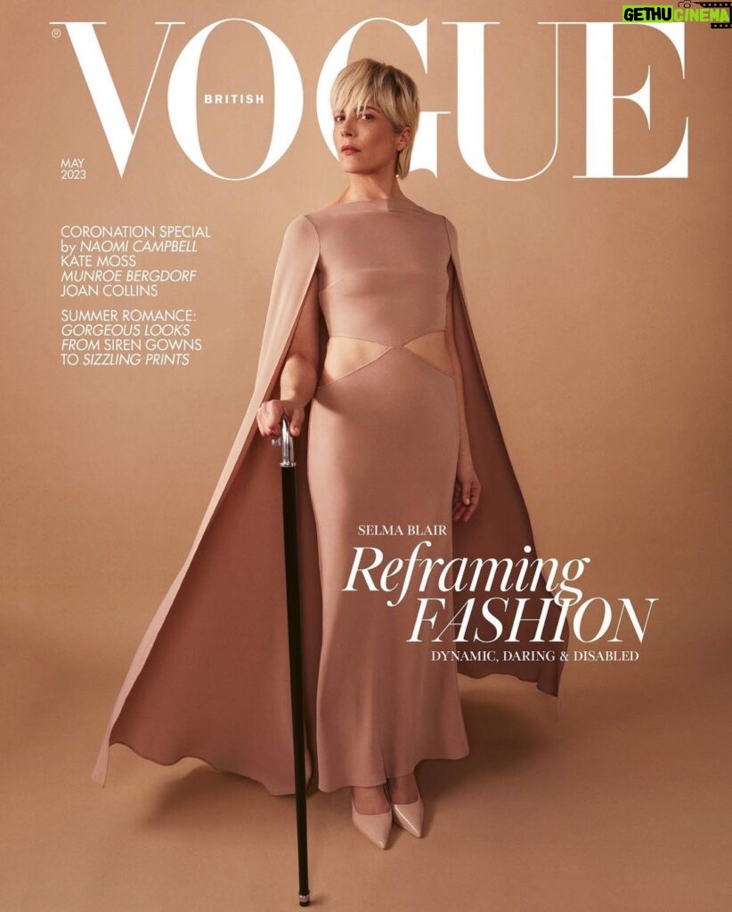 Selma Blair Instagram - I thought my time to ever grace a Vogue cover again was over but while I was in the business of listening, changing and becoming, the people I admire most dreamed a bit of magic for the cover of @britishvogue Being in London, working alongside the most thoughtful innovators was one of the finest times of my life. Thank you to @edward_enninful, a guardian, within his pages, of those who are othered. It’s an honor to be chosen by you to represent. I adore you. Thank you to @thesineadburke, a force in and of fashion and knowledge. A mentor to me whose humor and wisdom, grace and passion for leveling playing fields has transformed my own way of seeing and being. Thank you to @frances.ryan85 , who so thoughtfully wrote this cover story and in the process, taught me that it is entirely possible to connect within our own disconnected hours. It was a comfort and a privilege to communicate fluidly in unconventional ways. This is an important day for our community. All of us who have dared to show up and celebrate each other unabashedly and handsomely.👏🏻💛 Image Descriptions: Image 1: Image shows Selma Blair, a white woman with short blonde hair, on the cover of British Vogue. She is standing against a beige background with her face tilted slightly to the right. In her right hand, she holds a black cane with a silver top. She is wearing a long nude dress by Valentino with cut-outs at the waist and a floor-length cape. The look is complete with matching pointed shoes, also by Valentino. Behind her head, a white Vogue logo in big letters. The cover also reads ‘Reframing Fashion: Dynamic, Daring & Disabled.’] Image 2: Selma stands wearing a black dress with her black cane in her right hand. Image 3: Selma stands in the middle in a long white dress on the set surrounded by the creative team.