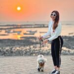 Shama Sikander Instagram - Sea breeze, sandy paws, and a sunset glow – perfect combo. . . . #sunset #casper #shamasikander Mumbai, Maharashtra