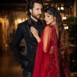 Shama Sikander Instagram - Bold colors, bolder love. ❤️🔥 . Wrapped in- @niveditasaboocouture . . #couplegoals #loveislove #shamasikander