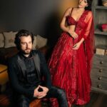 Shama Sikander Instagram - Bold colors, bolder love. ❤️🔥 . Wrapped in- @niveditasaboocouture . . #couplegoals #loveislove #shamasikander