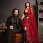Shama Sikander Instagram - Bold colors, bolder love. ❤️🔥 . Wrapped in- @niveditasaboocouture . . #couplegoals #loveislove #shamasikander