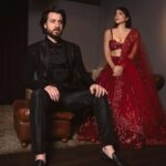 Shama Sikander Instagram - Bold colors, bolder love. ❤️🔥 . Wrapped in- @niveditasaboocouture . . #couplegoals #loveislove #shamasikander