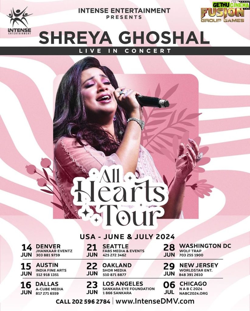 Shreya Ghoshal Instagram - USA!! Are you ready! We are so excited and super geared up to bring our All Hearts Tour to your cities this June-July 2024🩷🩷 Here’s our tour schedule 😍 @intense.entertainment