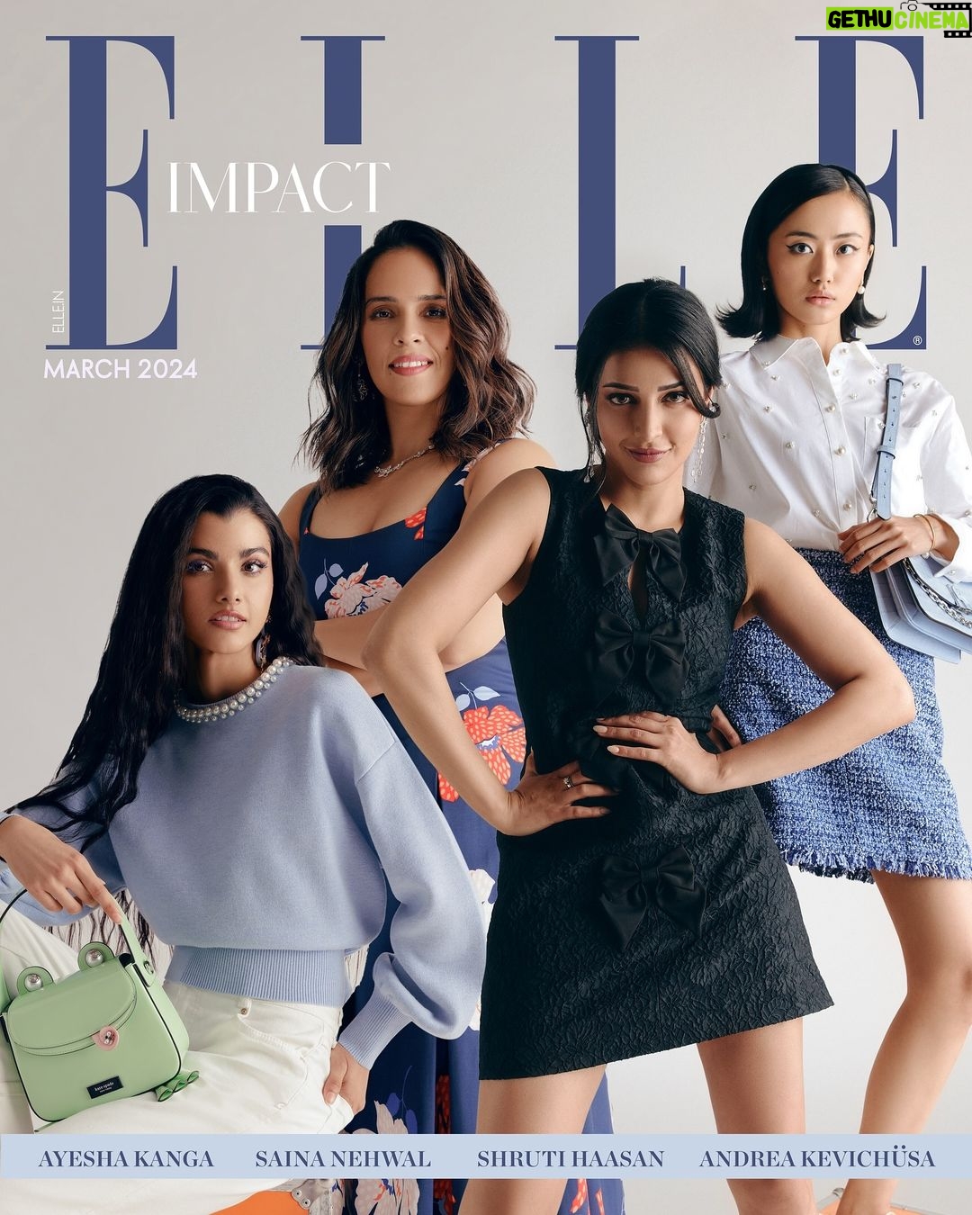 Shruti Haasan Instagram - Introducing #ELLEImpact, a powerful initiative spotlighting the remarkable journeys of women who are boldly shaping their industries and redefining success on their own terms. In this exclusive feature, we delve into the lives of four inspiring women – @shrutzhaasan, @nehwalsaina, @andreakevichusa and @ayeshakanga – each leaving an indelible mark through their passion, resilience, and unwavering dedication. Join us as we celebrate their achievements and honour their profound impact on society, one trailblazing story at a time. _________________________________________ On @shrutzhaasan, @nehwalsaina, @andreakevichusa, @ayeshakanga: Full looks and all accessories by @katespadeny @reliancebrandsltd _________________________________________ ELLE India Editor: @aineenizamiahmedi Photographer: @amitabhbachpan Fashion Editor: @zohacastelino Asst. Art Director: @juno_onajunket (cover design) HMU: @umang.artist, @makeup_renuka (Andrea); @noori_hairstylist, @devikajodhani (Shruti); @vishakhadjain, @sonamdoesmakeup (Ayesha); @umang.artist, @alyssamendonsamakeupartistry (Saina) Editorial Assistant: @anushkapatil21 Assisted by: @komal_shetty_, @sanaayagajaria (styling); @jasleen.narang (bookings) Production: @cutlooseproductions Artists’ Management: @animacreatives (Andrea); @collectiveartistsnetwork, @kapilaysingh, @p2communication (Shruti); @yrf (Ayesha); @ankitbane07, @tarishbhatt (Saina) _________________________________________ #WomensDay #ShrutiHaasan #AyeshaKanga #SainaNehwal #AndreaKevichusa #EmpowerHer
