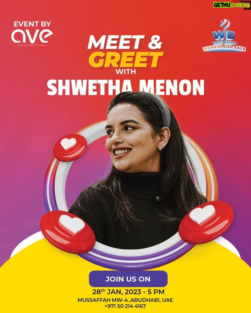 Shweta Menon Instagram - Get ready for an enchanting evening with the Malayalam film industry icon, Shwetha Menon! 🌟 Join us at world brandsuae in Abu Dhabi for an exclusive Meet and Greet organized by Arabian Voice Events. 🎬✨ Don’t miss the chance to meet the sensational actress and create unforgettable memories! 🤩 #ArabianVoiceEvents #ShwethaMenon #MeetandGreet #MalayalamCinema @shwetha_menon @worldbrandsuae