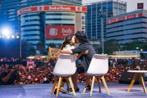 Shweta Tripathi Instagram - Shwets and I Popped our 'Kissing on Stage' cherry 🤪 Swipe right to see how - She came.. I saw.. I smiled.. We laughed.. We kissed.. Thank you @spokenfest for such a memorable evening! @sheenakhalid @tessjoseph19 @shantanuanandpoetry Couldn't have done it without you guys 🫵❤️ And to everyone who came and saw us perform.. You'll were the best audience we could have asked for. #GoCheetaGetBattata