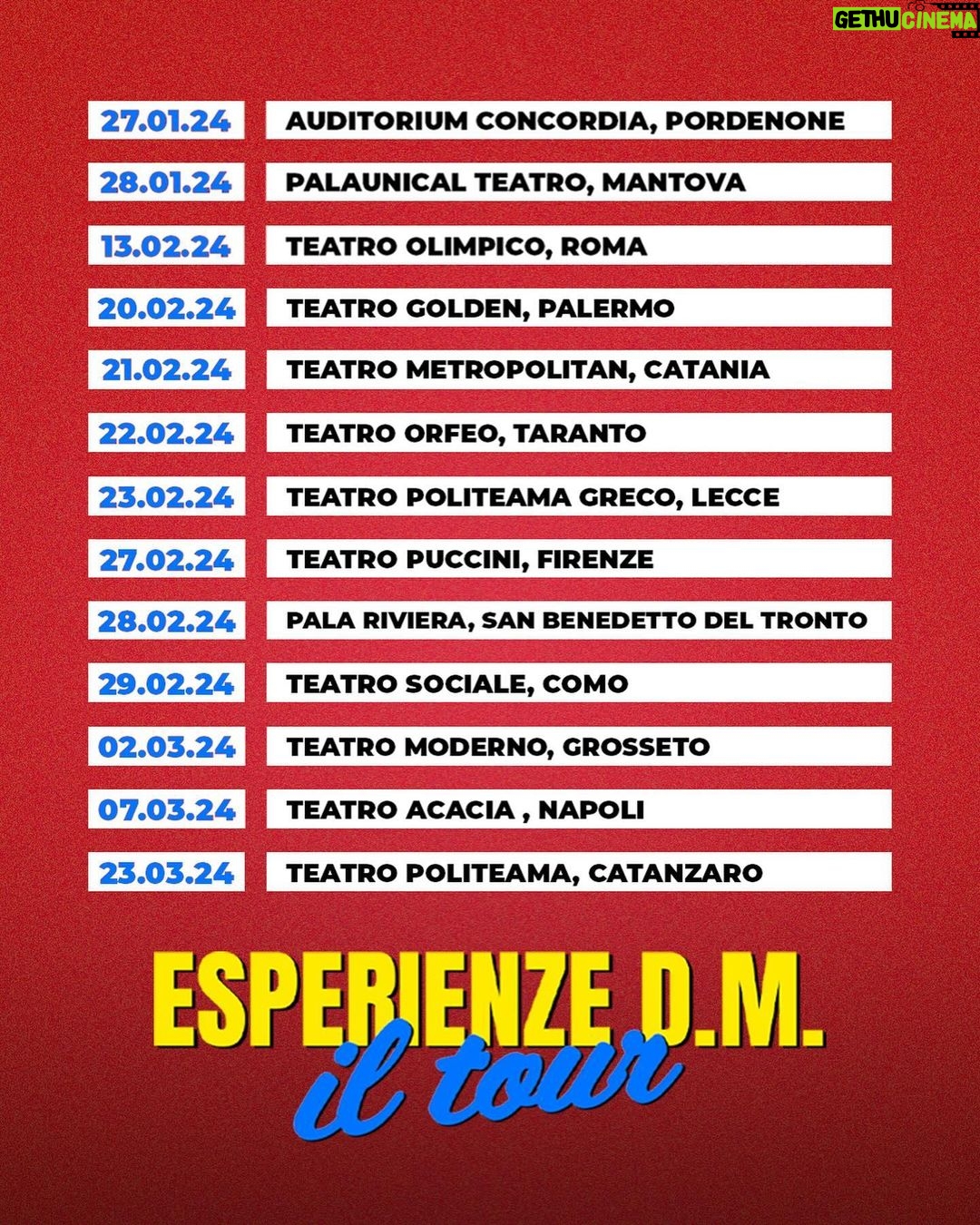 Simone Paciello Instagram - ESPERIENZE D.M. DAL VIVO A TEATRO - IL TOUR 2023/24 🎭🔥 Ecco a voi le 40 date di questa folle tournée teatrale! Link per acquistare i biglietti in bio, affrettatevi perché spariscono 😘🎫 25.11.23 - Montecatini Terme - Teatro Verdi 26.11.23 - Aprilia - Teatro Europa 3.12.23 - Ferrara - Teatro Nuovo 4.12.23 - Bologna - Teatro Celebrazioni 16.12.23 - Brescia - Teatro Dis_Play c/o Brixia Forum 17.12.23 - Piacenza - Teatro Politeama 12.01.24 - Milano - Teatro Lirico Giorgio Gaber (Sold Out) 13.01.24 - Milano - Teatro Lirico Giorgio Gaber (SECONDA DATA) 14.01.24 - Varese - Teatro di Varese 18.01.24 - Trento - Teatro Auditorium Santa Chiara 19.01.24 - Schio - Teatro Astra 20.01.24 - Conegliano - Teatro Accademia 21.01.24 - Trieste - Teatro Stabile Bobbio 27.01.24 - Pordenone - Auditorium Concordia 28.01.24 - Mantova - PalaUnical Teatro 13.02.24 - Roma - Teatro Olimpico 20.02.24 - Palermo - Teatro Golden 21.02.24 - Catania - Teatro Metropolitan 22.02.24 - Taranto - Teatro Orfeo 23.03.24 - Lecce - Teatro Politeama Greco 27.02.24 - Firenze - Teatro Puccini 28.02.24 - San Benedetto del Tronto - PalaRiviera 29.02.24 - Como - Teatro Sociale 02.03.24 - Grosseto - Teatro Moderno 07.03.24 - Napoli - Teatro Acacia 23.03.24 - Catanzaro - Teatro Politeama 24.03.24 - Rende - Teatro Garden 28.03.24 - Genova - Teatro della Corte Ivo Chiesa 29.03.24 - Legnano - Teatro Galleria 05.04.24 - Sassari - Teatro Comunale 06.04.24 - Cagliari - Teatro Massimo 08.04.24 - Torino - Teatro Colosseo 12.04.24 - Civitavecchia - Teatro Comunale Traiano 13.04.24 - Isernia (Campobasso) - Auditorium Unità d’Italia 16.04.24 - Monza - Teatro Manzoni 19.04.24 - Pescara - Teatro Massimo (Biglietti presto disponibili) 20.04.24 - Salerno - Teatro Augusteo 23.04.24 - Biella - Teatro Odeon 24.04.24 - Alba (Cuneo) - Teatro Sociale 30.04.24 - Modena - Teatro Storchi CI VEDIAMO A TEATRO 🫶🏻♥️