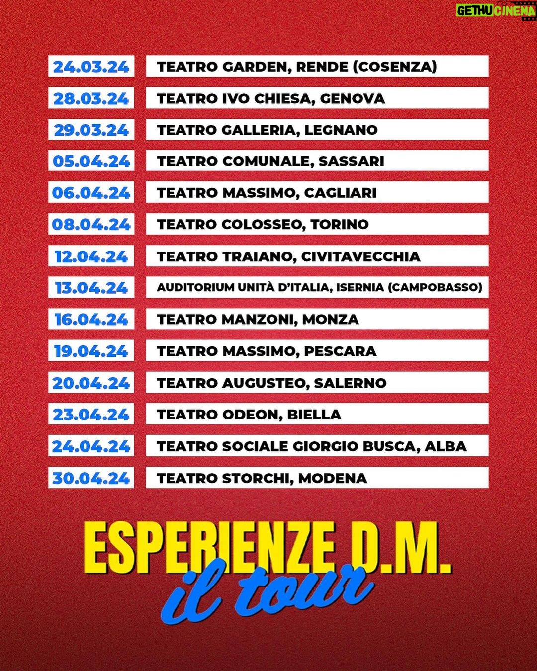 Simone Paciello Instagram - ESPERIENZE D.M. DAL VIVO A TEATRO - IL TOUR 2023/24 🎭🔥 Ecco a voi le 40 date di questa folle tournée teatrale! Link per acquistare i biglietti in bio, affrettatevi perché spariscono 😘🎫 25.11.23 - Montecatini Terme - Teatro Verdi 26.11.23 - Aprilia - Teatro Europa 3.12.23 - Ferrara - Teatro Nuovo 4.12.23 - Bologna - Teatro Celebrazioni 16.12.23 - Brescia - Teatro Dis_Play c/o Brixia Forum 17.12.23 - Piacenza - Teatro Politeama 12.01.24 - Milano - Teatro Lirico Giorgio Gaber (Sold Out) 13.01.24 - Milano - Teatro Lirico Giorgio Gaber (SECONDA DATA) 14.01.24 - Varese - Teatro di Varese 18.01.24 - Trento - Teatro Auditorium Santa Chiara 19.01.24 - Schio - Teatro Astra 20.01.24 - Conegliano - Teatro Accademia 21.01.24 - Trieste - Teatro Stabile Bobbio 27.01.24 - Pordenone - Auditorium Concordia 28.01.24 - Mantova - PalaUnical Teatro 13.02.24 - Roma - Teatro Olimpico 20.02.24 - Palermo - Teatro Golden 21.02.24 - Catania - Teatro Metropolitan 22.02.24 - Taranto - Teatro Orfeo 23.03.24 - Lecce - Teatro Politeama Greco 27.02.24 - Firenze - Teatro Puccini 28.02.24 - San Benedetto del Tronto - PalaRiviera 29.02.24 - Como - Teatro Sociale 02.03.24 - Grosseto - Teatro Moderno 07.03.24 - Napoli - Teatro Acacia 23.03.24 - Catanzaro - Teatro Politeama 24.03.24 - Rende - Teatro Garden 28.03.24 - Genova - Teatro della Corte Ivo Chiesa 29.03.24 - Legnano - Teatro Galleria 05.04.24 - Sassari - Teatro Comunale 06.04.24 - Cagliari - Teatro Massimo 08.04.24 - Torino - Teatro Colosseo 12.04.24 - Civitavecchia - Teatro Comunale Traiano 13.04.24 - Isernia (Campobasso) - Auditorium Unità d’Italia 16.04.24 - Monza - Teatro Manzoni 19.04.24 - Pescara - Teatro Massimo (Biglietti presto disponibili) 20.04.24 - Salerno - Teatro Augusteo 23.04.24 - Biella - Teatro Odeon 24.04.24 - Alba (Cuneo) - Teatro Sociale 30.04.24 - Modena - Teatro Storchi CI VEDIAMO A TEATRO 🫶🏻♥️