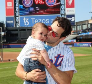 Skylar Astin Instagram - Luca’s first Met game was a great success! Took in some batting practice, met Mr Met, and even caught a foul ball!