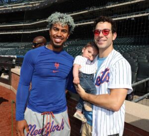 Skylar Astin Instagram - Luca’s first Met game was a great success! Took in some batting practice, met Mr Met, and even caught a foul ball!