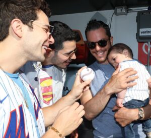 Skylar Astin Instagram - Luca’s first Met game was a great success! Took in some batting practice, met Mr Met, and even caught a foul ball!