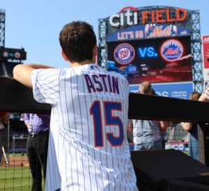Skylar Astin Instagram - Luca’s first Met game was a great success! Took in some batting practice, met Mr Met, and even caught a foul ball!