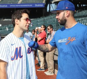 Skylar Astin Instagram - Luca’s first Met game was a great success! Took in some batting practice, met Mr Met, and even caught a foul ball!