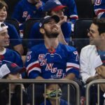 Skylar Astin Instagram – Last night was 10/10! The @nyrangers advance in the playoffs! Swipe for Team Synergy and @gatenm123 and I’s costume change to switch up to the Juju!! 🔴🔵
📸 @mfarsi Madison Square Garden