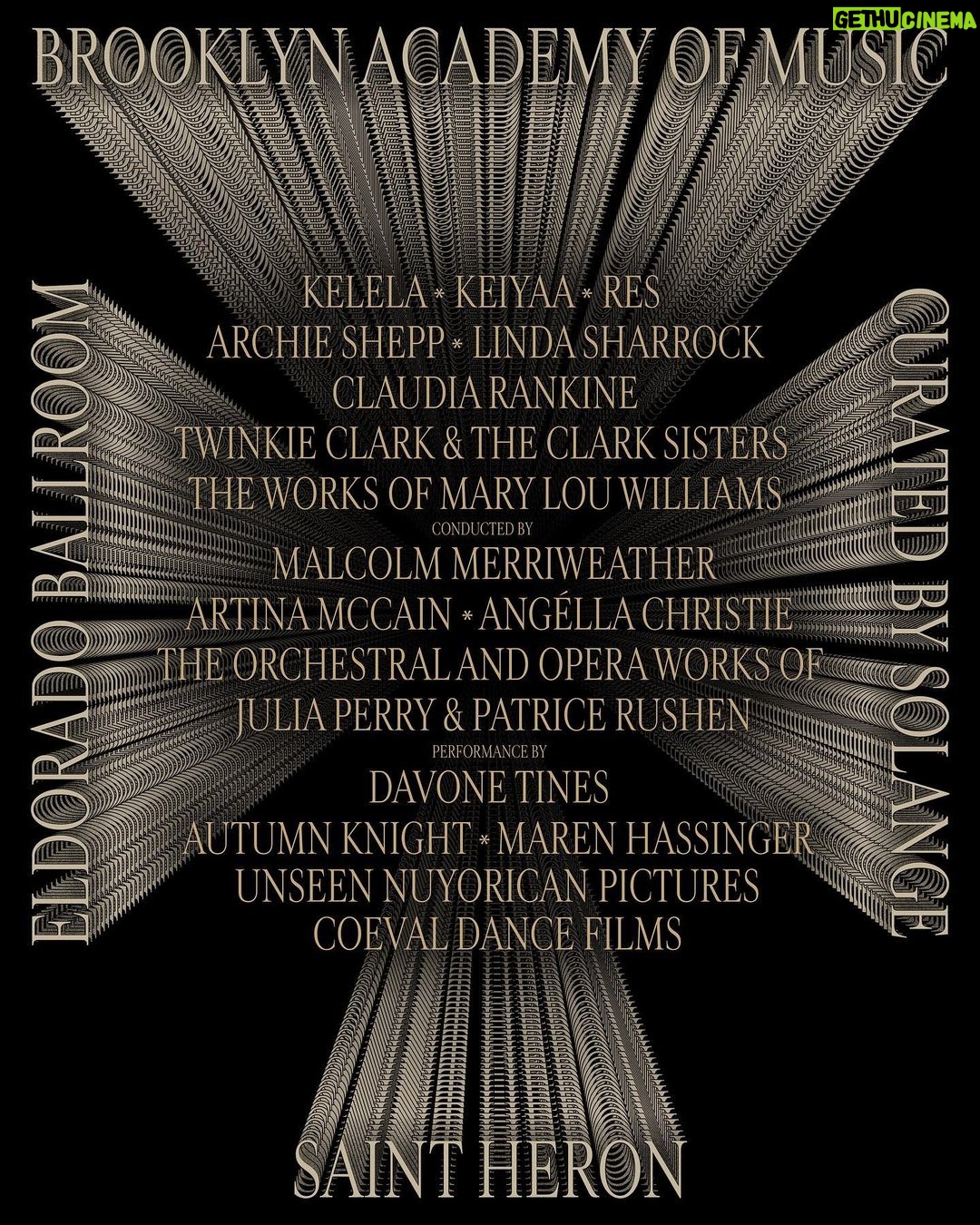 Solange Instagram - “Eldorado Ballroom” (2023) Curated by me for @SaintHeron and Brooklyn Academy of Music (BAM) The program takes an anomalous approach to celebrating the intergenerational expressions of experimental and transcendent performance through the decades. My dedication to reverencing and preserving the works of Black practitioners through Saint Heron continues with a lineup consisting of contemporary and historic creative revolutionaries whose artistry and innovation has left a profound mark on music and performance art. “Eldorado Ballroom” takes its name from a historic Black music hall in my native neighborhood, Houston’s Third Ward, where my love for performance began. Each night is programmed to calibrate new artistic territory exploring themes that fulfill my own personal practice. With these seven shows, the multi-generational audiences of Saint Heron and BAM’s communities will experience celebratory and tributary performances that honor the blueprints of these themes in tandem with younger generations reinventing the genres today. Visit WWW.SAINTHERON.COM for the schedule details, program notes, and sign up for early access to tickets as a Saint Heron Patron. Ticket sales open for BAM members and Saint Heron Patrons tomorrow, Feb 17 at 12pm ET. General admission tickets available Tuesday, Feb 21. Tickets start at $35 BAM Brooklyn Acadamey Of Music