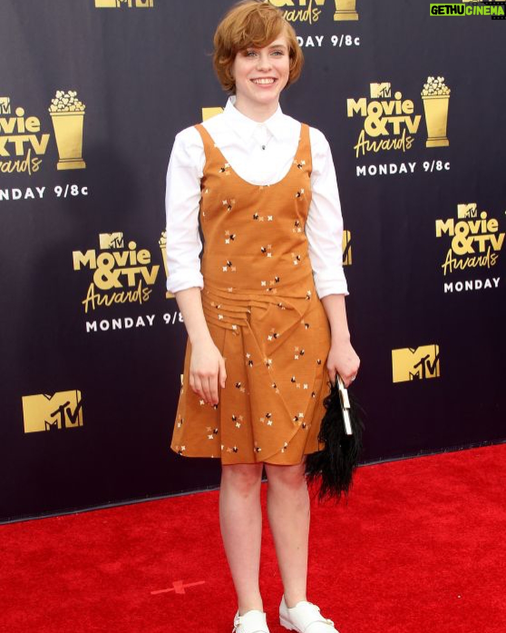 Sophia Lillis Instagram - Thanks to @gabriellangenbrunner for dressing me for the @mtvmovieaward! Thanks @emporioarmani x @giorgioarmani for the dress, and to @blondiemua for hair and makeup. Special thanks to @swarovski @kukkajewelry @katespadeny and @stuartweitzman!