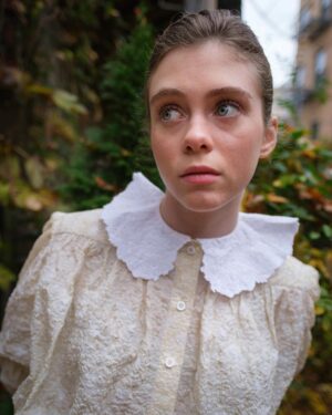 Sophia Lillis Instagram - Love this blouse with its cool take on the pilgrim collar! That reminds me, make sure to watch Uncle Frank on Thanksgiving Day!
Top: @louisvuitton 
Hair and Makeup: @sadahsa
📷: @cmellevold