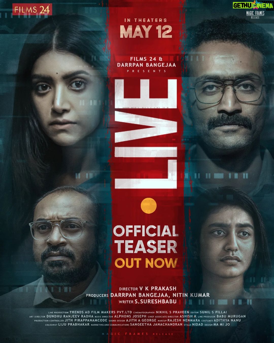 Soubin Shahir Instagram - Get ready to be blown away! The dynamic duo, V K Prakash and S Sureshbabu, are back with this social thriller #LIVE. Catch the adrenaline-fueled teaser, now on YouTube. Presented by Films24 and Darrpan Bangejaa, and produced by Darrpan Bangejaa and Nitin Kumar. In cinemas from May 12, brought to you by Listin Stephen (Magic Frames). Gear up for #Live- let’s break the silence one truthful word at a time! @livemovieofficial @soubinshahir @mamtamohan @shinetomchacko_official @priya.p.varrier @vkprakash61 @darrpanbangejaa24 @nitink283 @music24records @magicframes2011 @iamlistinstephen @actor_mukundan @iakksita23 @reshmi_soman11 @krishnapraba_momentzz @trendsadfilmmakers @nikhilspraveen @alphonsofficial @ash_krisz @ajith_a_george @rajeshnenmmara @ajith_a_george @liju_prabhakar @nidad_k_n @manu_michael_joseph @sangeetha_janachandran @storiessocialofficial #LiveMovie #SoubinShahir #MamthaMohandas #ShineTomChacko #PriyaVarrier #VKP #VKPrakash #Films24 #DarrpanBangejaa #NitinKumar #MagicFrames #ListinStephen