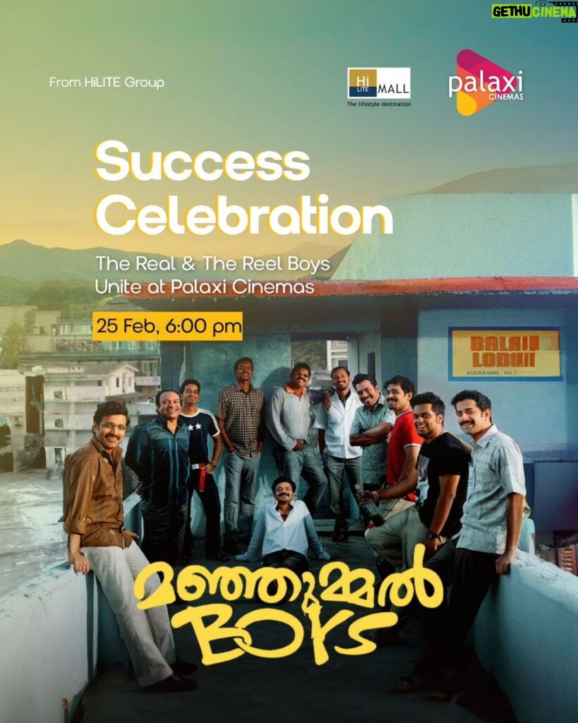 Soubin Shahir Instagram - The real-life Manjummel Boys and the on-screen Manjummel Boys are visiting HiLITE Mall and Palaxi Cinemas tomorrow. As they celebrate the success, we are ready to welcome them with all our heart. . . . #palaxicinemas #palaxi #manjummelboys #success #celebration #epiq #hilitemallcalicut #calicut