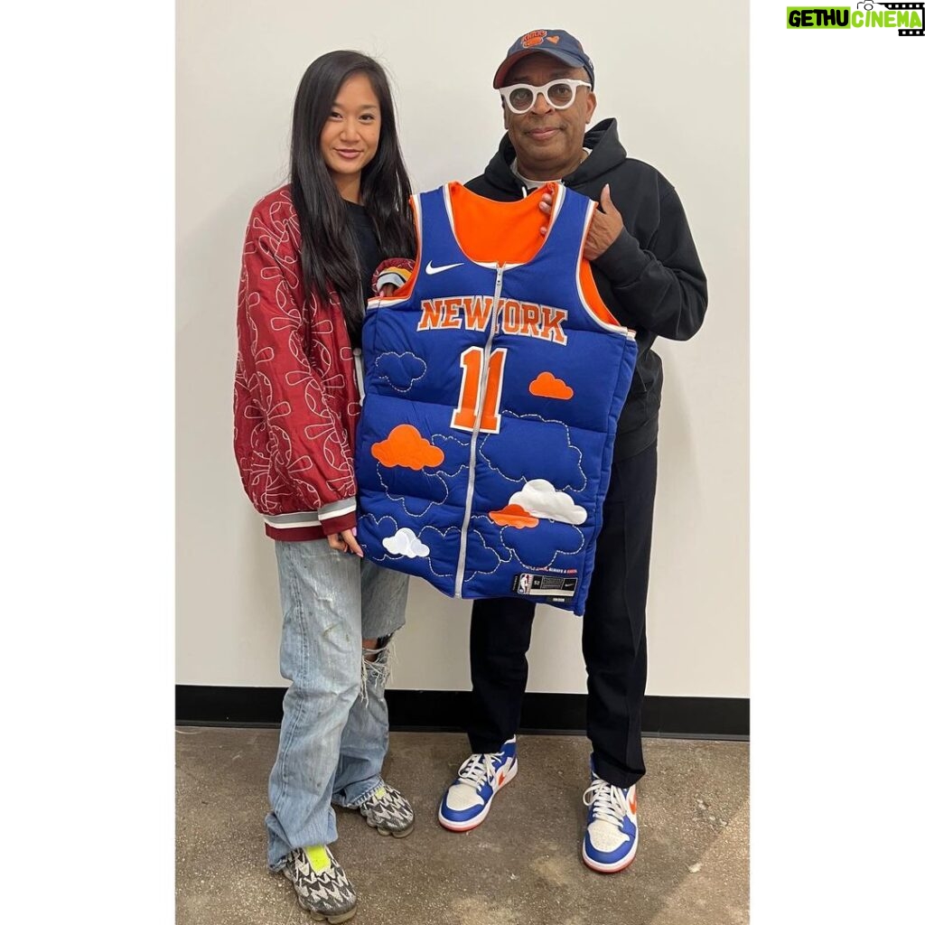 Spike Lee Instagram - Shout To Artist Jocelyn Hu For Designing This HYPED,DOPE JALEN BRUNSON NY KNICKS Jersey/Vest. I Will Be Rockin’ This Tonight Courtside (Where Else😂) At Da Garden Debut Of Sensation VICTOR WEMBANYAMA.HISTORIC NIGHT At Da Worlds’ Most Famous Arena. ORANGE AND BLUE SKIES🏀🏀🏀