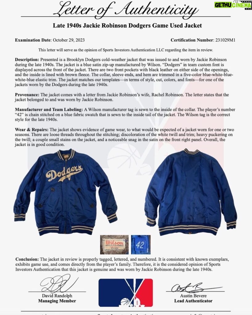 Spike Lee Instagram - IT’S OFFICIAL. My Game Worn JACKIE ROBINSON JACKET Has Been Authenticated. Dis Ain’t No FUGAZY. It’s Da REAL DEAL. Da REAL McCOY. JACKIE ROBINSON-DA PRIDE OF BROOKLYN. YA-DIG❓SHO-NUFF. And Dat’s DA “BROOKLYN WINS-BROOKLYN WINS-TRUTH,RUTH. baseball ⚾️ ⚾️ ⚾️