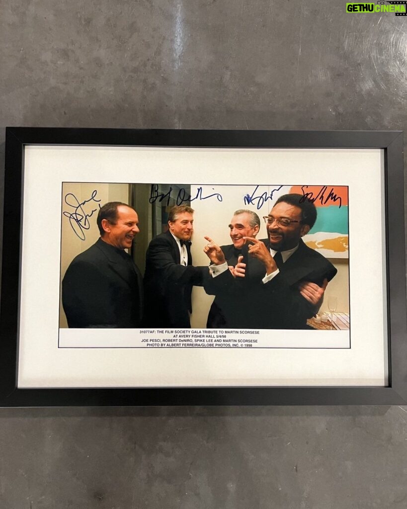 Spike Lee Instagram - This Is One Of My Favorite Photographs. My Brothers JOE PESCI,ROBERT DeNIRO,MARTIN SCORSESE And Myself. We All Signed This Pic Too..I Told ‘Em Da Caption Iz “3 DAGO’S And A MOULIE” WE ALL LAUGHED. IT’S ALL 💜💜💜💜💜💜TRUE STORY. And Dat’s Da “DO THE RIGHT THING-JUNGLE FEVER-SUMMER OF SAM:Truth,Ruth. YA-DIG? SHO-NUFF