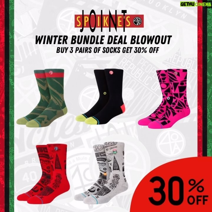 Spike Lee Instagram - Spike’s Joint Winter Bundle Deal Blowout Buy 3 pairs of socks from the 40 Acres x Stance Socks collection to receive a 30% discount. Prices are marked down when the items are carted. This deal is live now at Spike’s Joint Click the product link on IG Story or click the link in the bio to purchase