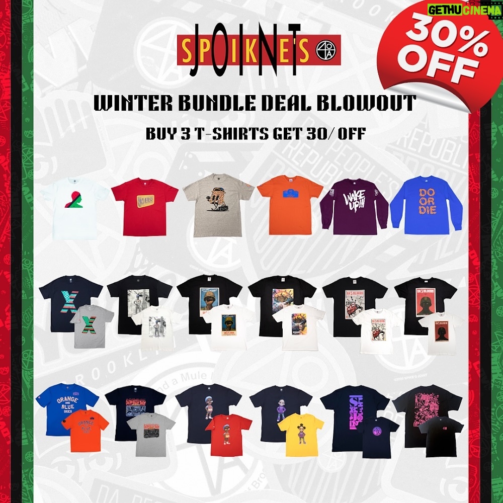 Spike Lee Instagram - Spike’s Joint Winter Bundle Deal Blowout Buy up to 3 shirts to receive a 30% discount. Prices are marked down when the items are carted. This deal is live now at Spike’s Joint Click the product link on IG Story or click the link in the bio to purchase