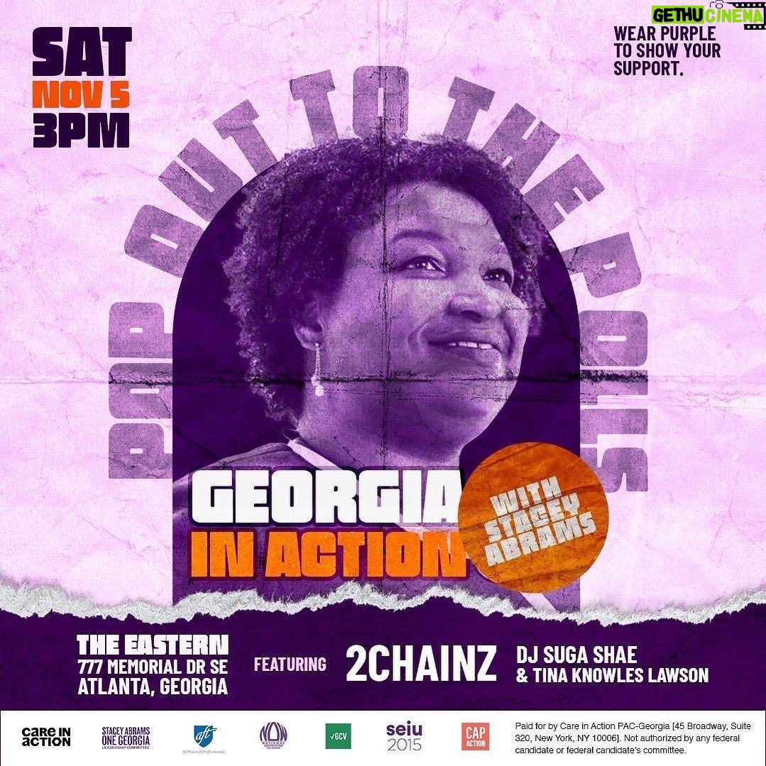 Stacey Abrams Instagram - I’m excited to join @2chainz @earthgang and @CareInActionUS this Saturday to share with Georgians how we are ready to make history. Over two million Georgians have voted. Now we need your energy to encourage folks to the polls and get us over the finish line. Join us: staceyabrams.com/purplepopout The Eastern
