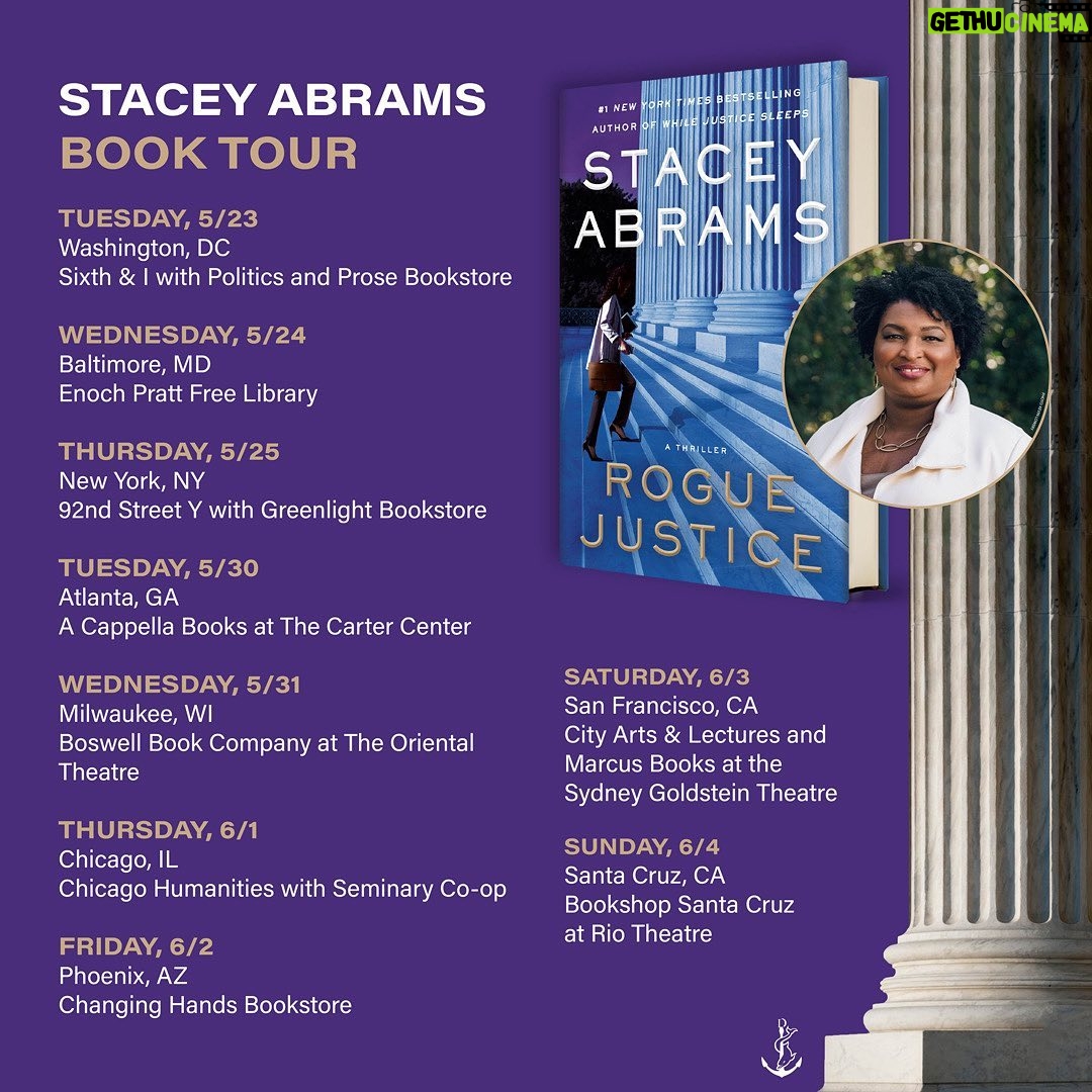 Stacey Abrams Instagram - This May, Avery Keene returns to face murder, mystery and a dangerous new enemy. Join me in your area to talk about my newest book, Rogue Justice. https://www.penguinrandomhouse.com/books/697034/rogue-justice-by-stacey-abrams/