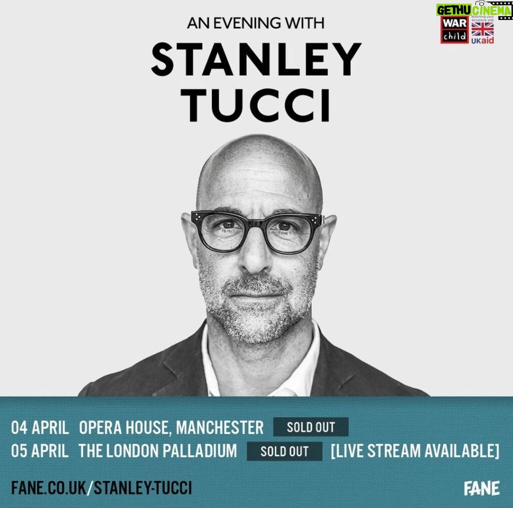 Stanley Tucci Instagram - I’m looking forward to seeing some of you at my upcoming live shows in Manchester (with @gemmastyles ) and in London (with @elizabday , which will also be live streamed). ⠀ ⠀ Virtual tickets are still available to purchase from @faneproductions .⠀ ⠀ I am also proud to share that any associated profit I would receive through these from these events will now be donated to @warchilduk . For more than two decades, they have been driven by a single goal – ensuring a safe future for every child living through war. ⠀ ⠀ If you would like to join me in supporting their cause, please consider donating to the #UnlockAGeneration appeal. Until Tue 31 May, the UK government will double your donation, helping to keep children in Yemen safe and support their emergency response work in places like Ukraine.⠀ ⠀ Links in my bio to find out more about the campaign. Stay safe and see you all soon. #ukaid London, United Kingdom