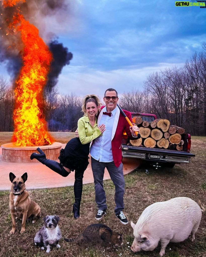 Steve-O Instagram - We hope everyone’s holidays are a blast!💥 Many cups of gasoline were thrown into the fire pit at the @radicalranch, and we had considerable fortune with wrangling our animals to get all of the ingredients for this photo! thanks to the boys for helping make this come together! @isaacpatterson (photo) @scottjrandolph (gasoline) @mjr79 (editing/photoshop) Happy Holidays!